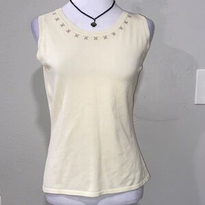 Bogari Cream Knit Sleeveless Top Embroidered Neckline Soft Stretchy
